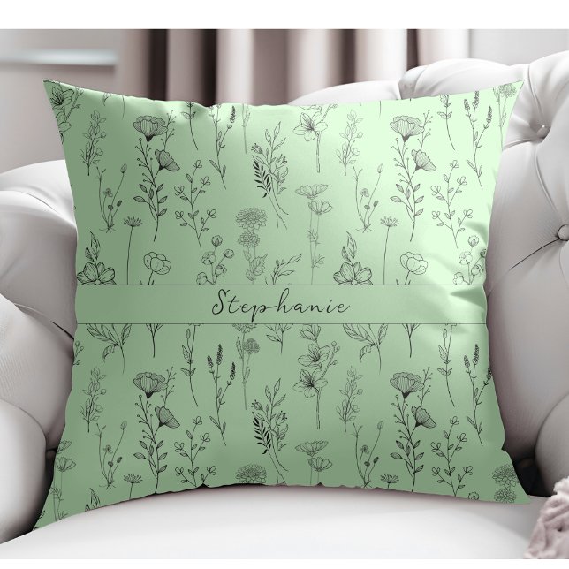 Simple Botanical Hand Drawn Floral Mint Green Cushion (Creator Uploaded)
