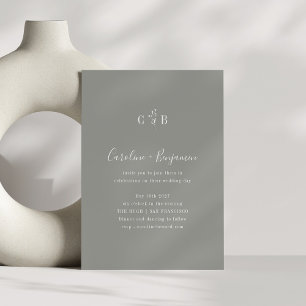 Simple Botanical Minimalist Monogram Grey Wedding Invitation