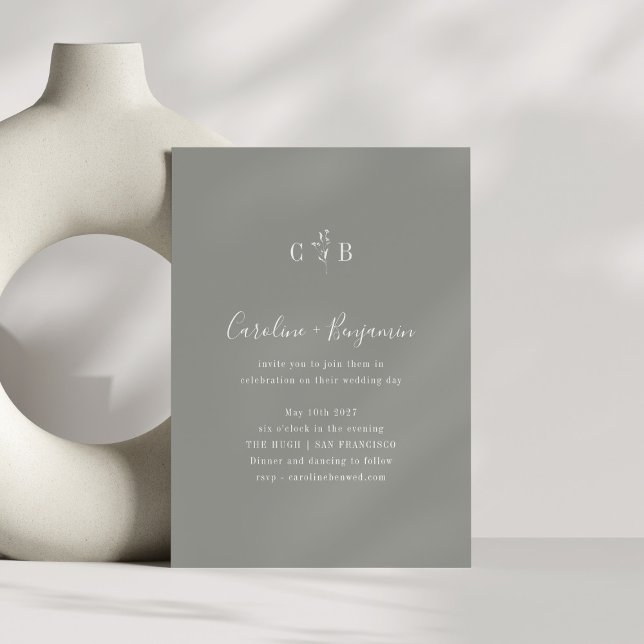 Simple Botanical Minimalist Monogram Grey Wedding Invitation (Creator Uploaded)