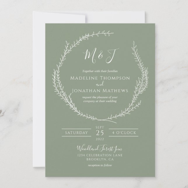 Simple Botanical Plain Sage Green Monogram Wedding Invitation (Front)