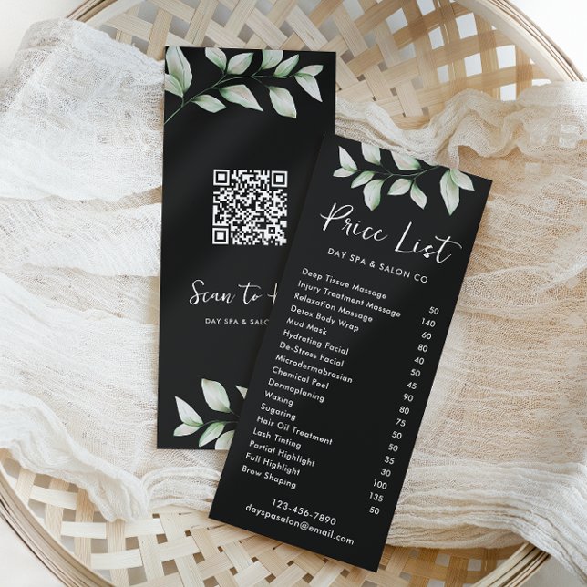 Simple Botanical Price List with QR Code Black Rack Card (Creator Uploaded)