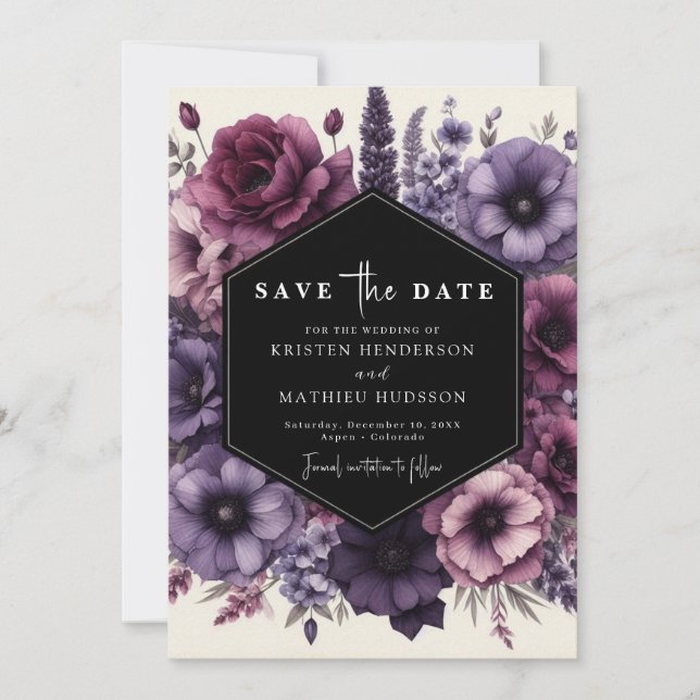 Simple Botanical Purple Floral Wedding Save The Date (Front)
