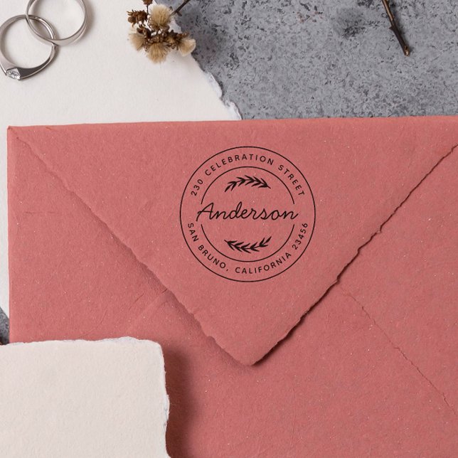 Simple Botanical Round Return Address Self-inking Stamp (Rubber Stamp Mock-up)