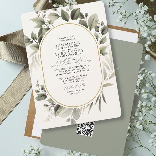 Simple Botanical RSVP QR Code Ivory Green Wedding Invitation (Creator Uploaded)