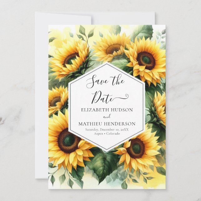 Simple Botanical Sunflower Wedding Save The Date (Front)