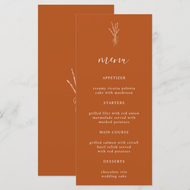 Simple Botanical Terracotta Wedding Dinner Menu (Front/Back)