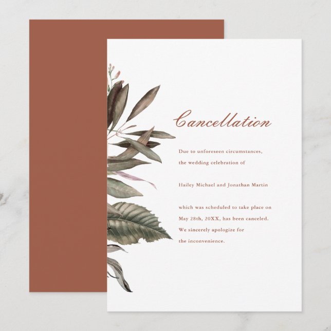 Simple Botanical Wedding Cancellation Announcement (Front/Back)