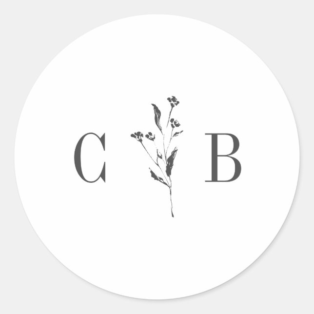 Simple Botanical White Monogram Initial Wedding Classic Round Sticker (Front)