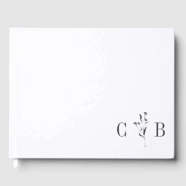 Simple Botanical White Monogram Initial Wedding Guest Book (Front)