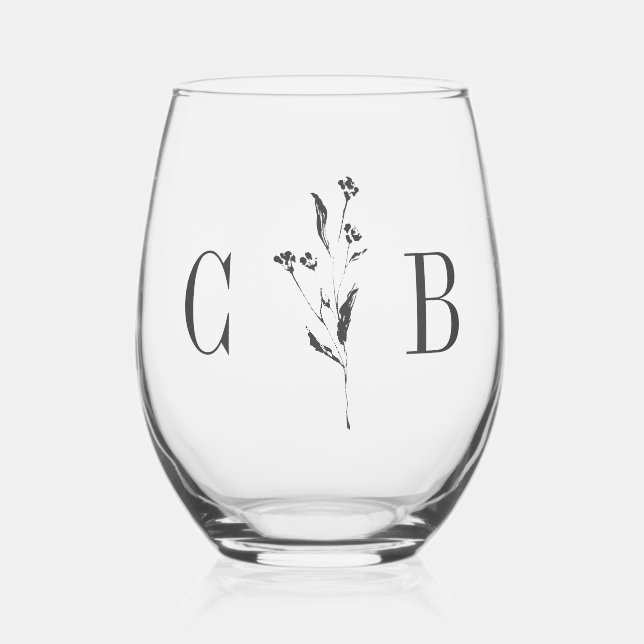 Simple Botanical White Monogram Initial Wedding Stemless Wine Glass (Front)