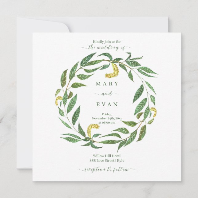 Simple botanical willow wreath rustic wedding invitation (Front)