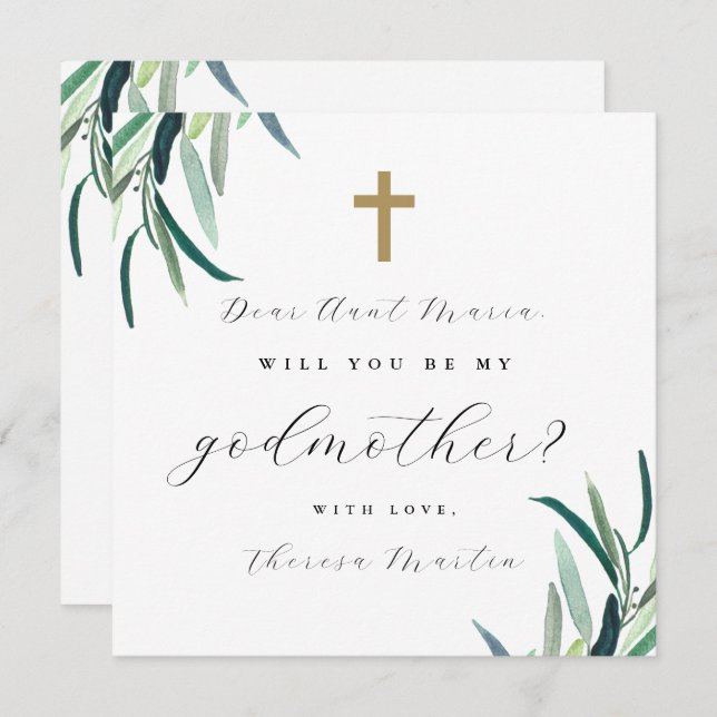 Simple Botanical with Cross Godmother Proposal  Invitation (Front/Back)
