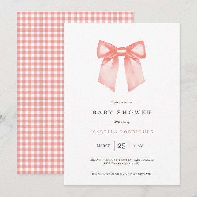 Simple Bow Baby Shower Invitation (Front/Back)