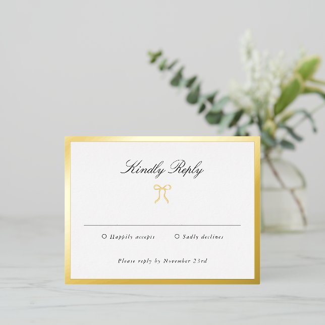 Simple Bow Classic Wedding Foil RSVP Card (Standing Front)