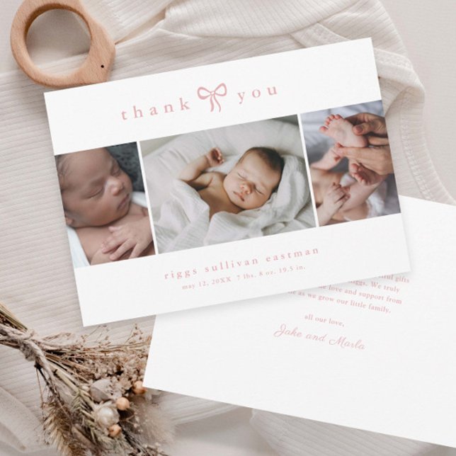 Simple Bow Girl Photo Collage Baby Thank You Card (Simple dusty pink bow 3 photo collage baby announcement thank you cards.
)