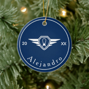 Simple Bowling Game Logo Custom Name & Year Blue Ceramic Tree Decoration
