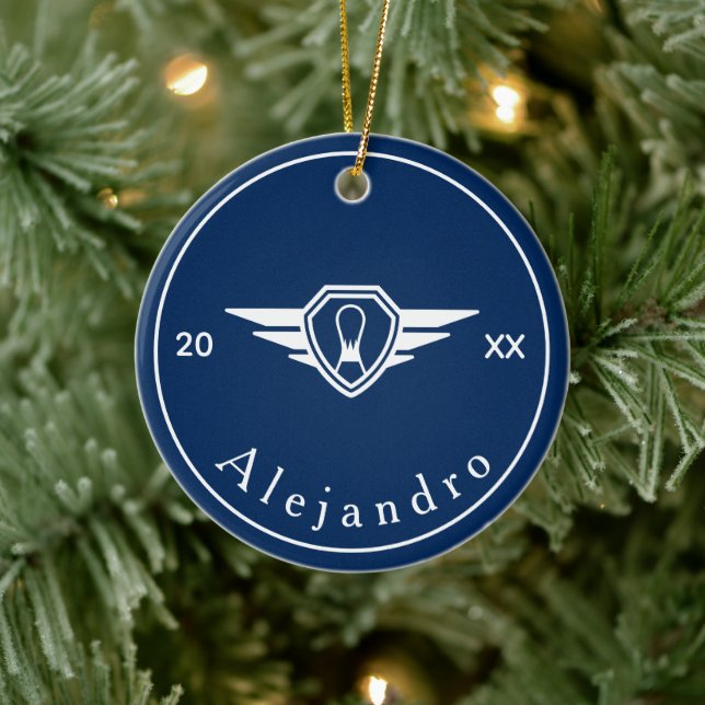 Simple Bowling Game Logo Custom Name & Year Blue Ceramic Tree Decoration (Tree)