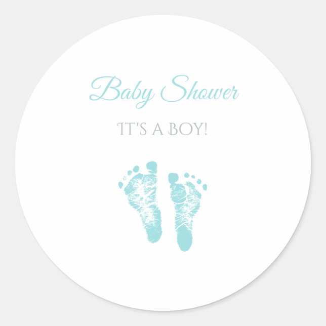 Simple Boy Baby Shower Precious Blue Footprints Classic Round Sticker (Front)