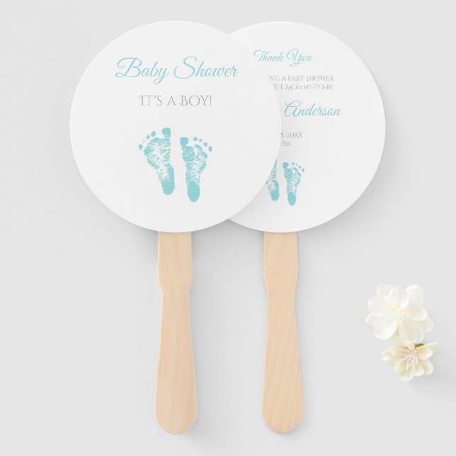 Simple Boy Baby Shower Precious Blue Footprints Hand Fan (Front and Back)
