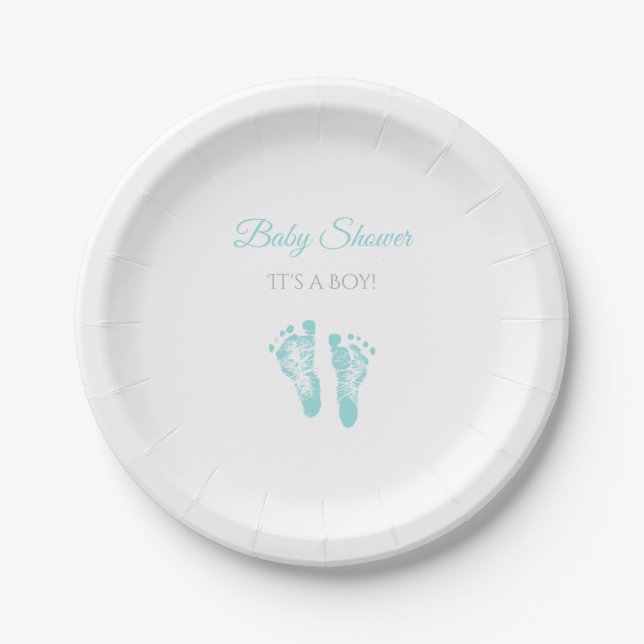 Simple Boy Baby Shower Precious Blue Footprints Paper Plate (Front)