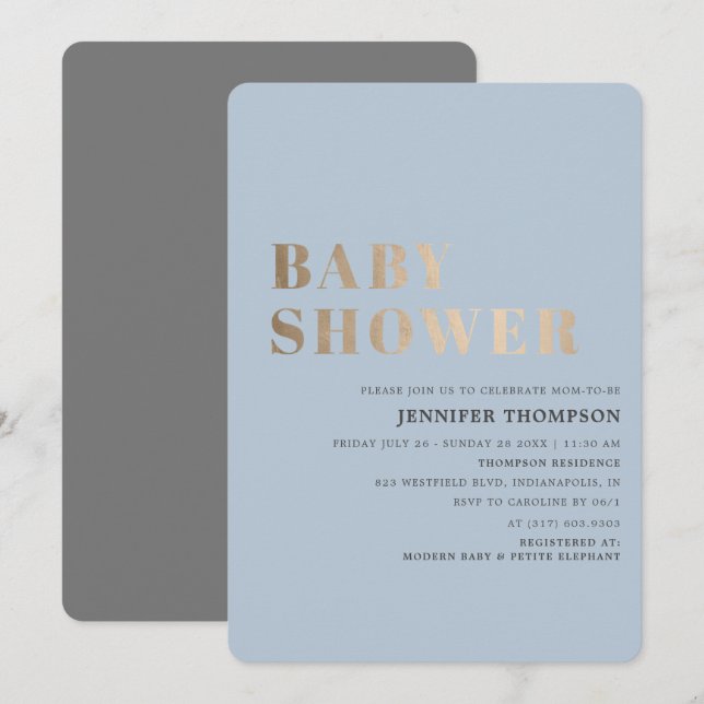 Simple Boy Blue & Gold Baby Shower Invitation (Front/Back)