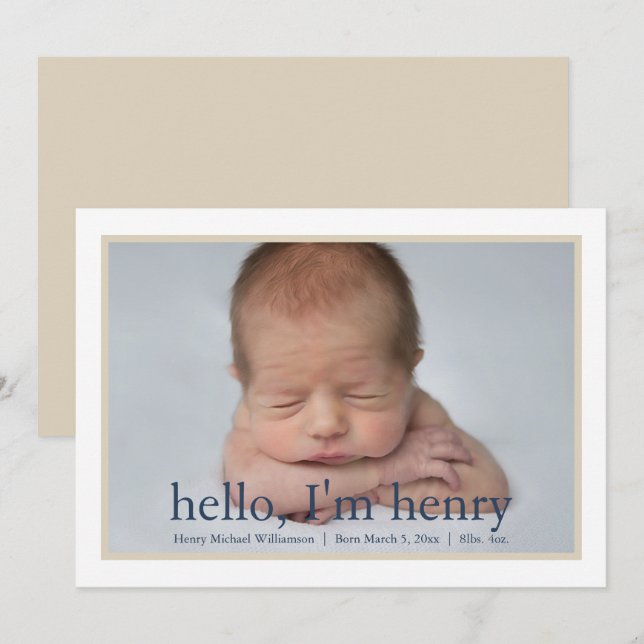 Simple Boy Blue Tan Photo Birth Announcement (Front/Back)