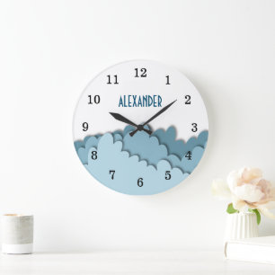 Simple Boys Blue Sky Clouds Nursery Large Clock