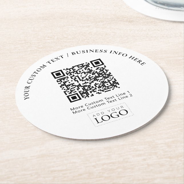Simple Branded Business Logo QR Code Promotional Round Paper Coaster (Angled)