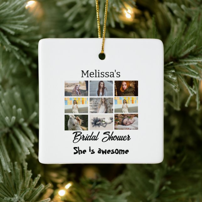 Simple bridal shower personalised 9 photocollage ceramic ornament (Tree)