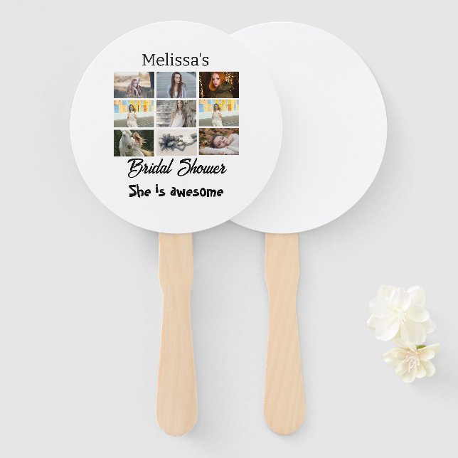 Simple bridal shower personalised 9 photocollage hand fan (Front and Back)