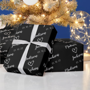 Simple Bride & Groom Names Wedding Black Wrapping Paper