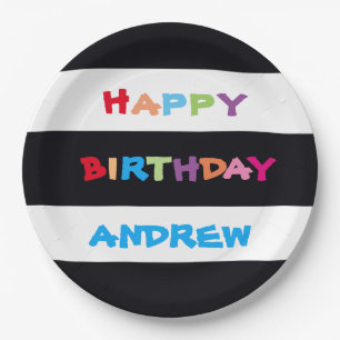 Simple Bright Colourful Custom Name Happy Birthday Paper Plate