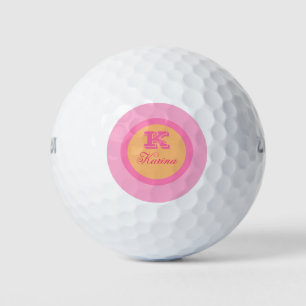 Simple Bright Pink Orange Monogram Modern Name  Golf Balls