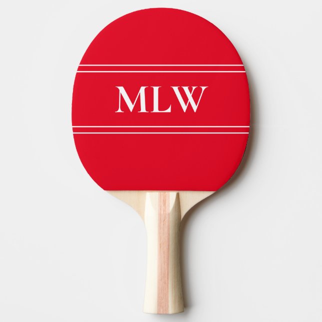 Simple Bright Red and White Monogrammed Ping Pong Paddle (Front)