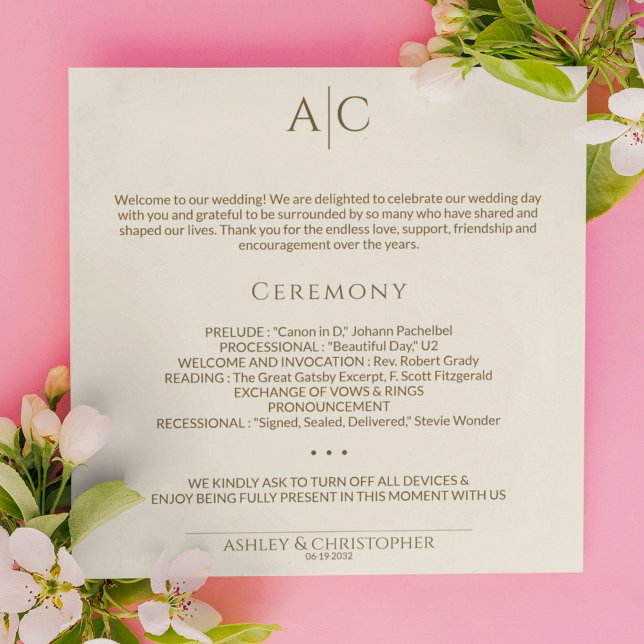 Simple Bronze & Gold Monogram Wedding Ceremony Programme (Creator Uploaded)