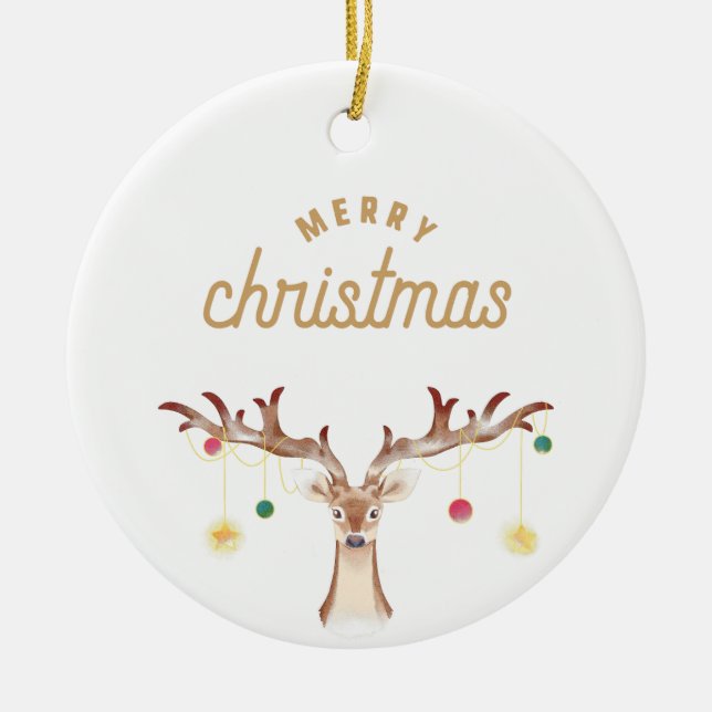 Simple Brown Aesthetic Reindeer Christmas Photo Ceramic Tree Decoration (Front)