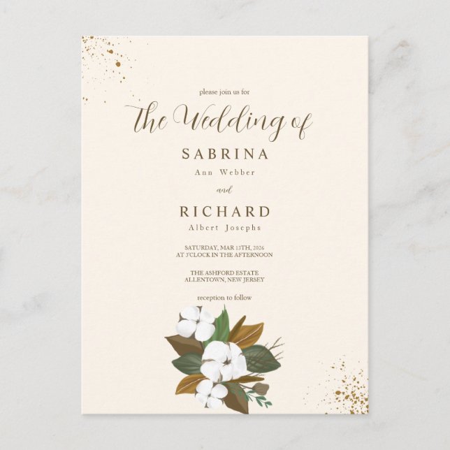 Simple Brown And Cream Floral Wedding Postcard (Front)