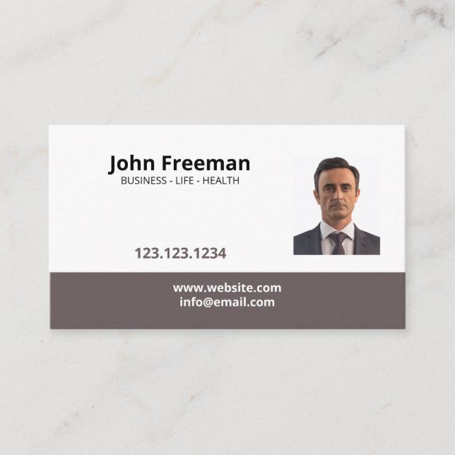 Simple Brown and White Photo Insurance Agent Business Card (Front)