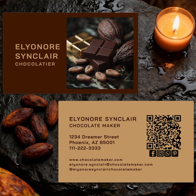 Simple Brown Chocolate Maker Photo Social QR Code  Business Card (Creator Uploaded)