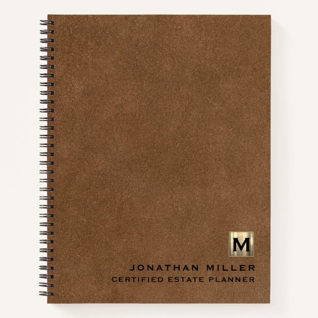 Simple Brown Leather Elegant Gold Monogram Notebook (Front)