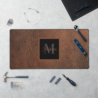 Simple Brown Leather Pattern Monogram Name  Desk Mat