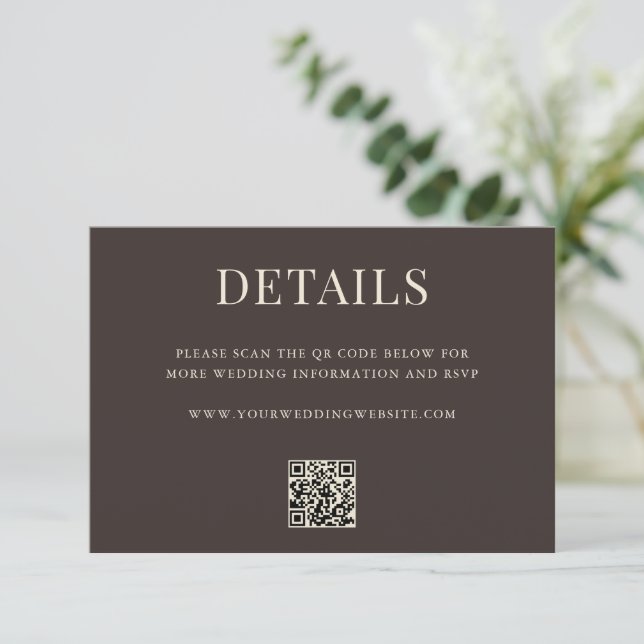 Simple Brown Modern QR Code Wedding Details Enclosure Card (Standing Front)