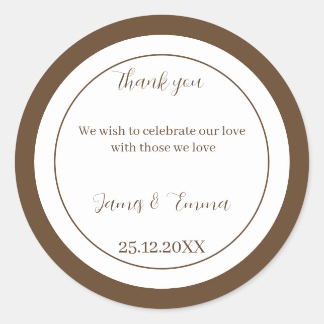 Simple Brown Wedding  Classic Round Sticker (Front)