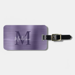 Simple Brushed Metallic Midnight Purple Monogram Luggage Tag