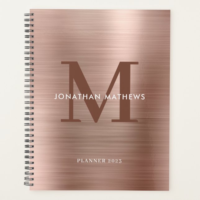 Simple Brushed Metallic Rose Gold Classic Monogram Planner (Front)