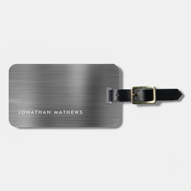 Simple Brushed Metallic Silver Grey Luggage Tag (Front Horizontal)