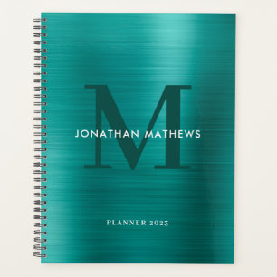Simple Brushed Metallic Teal Classic Monogram Planner