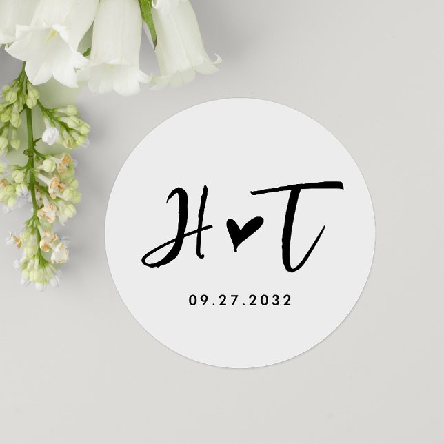 Simple Brushed Script Heart Monogram Wedding Classic Round Sticker (Creator Uploaded)