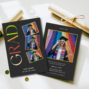 Simple Budget 4 Photo Groovy Retro Graduation Invitation