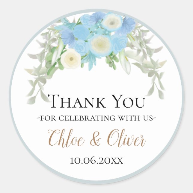 Simple Bule Floral Wedding Classic Round Sticker (Front)